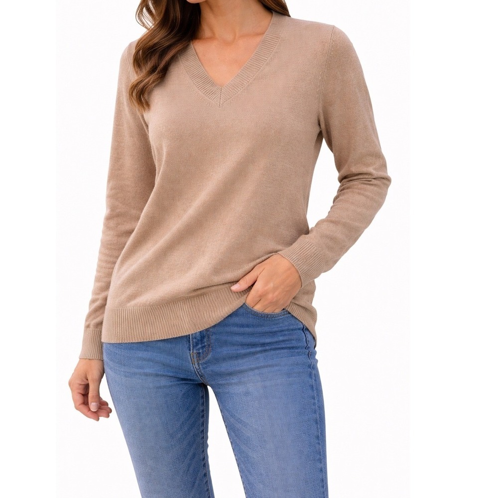 100% Cashmere V-Neck Sweater Tan Brown Small RN 13884 Vintage
